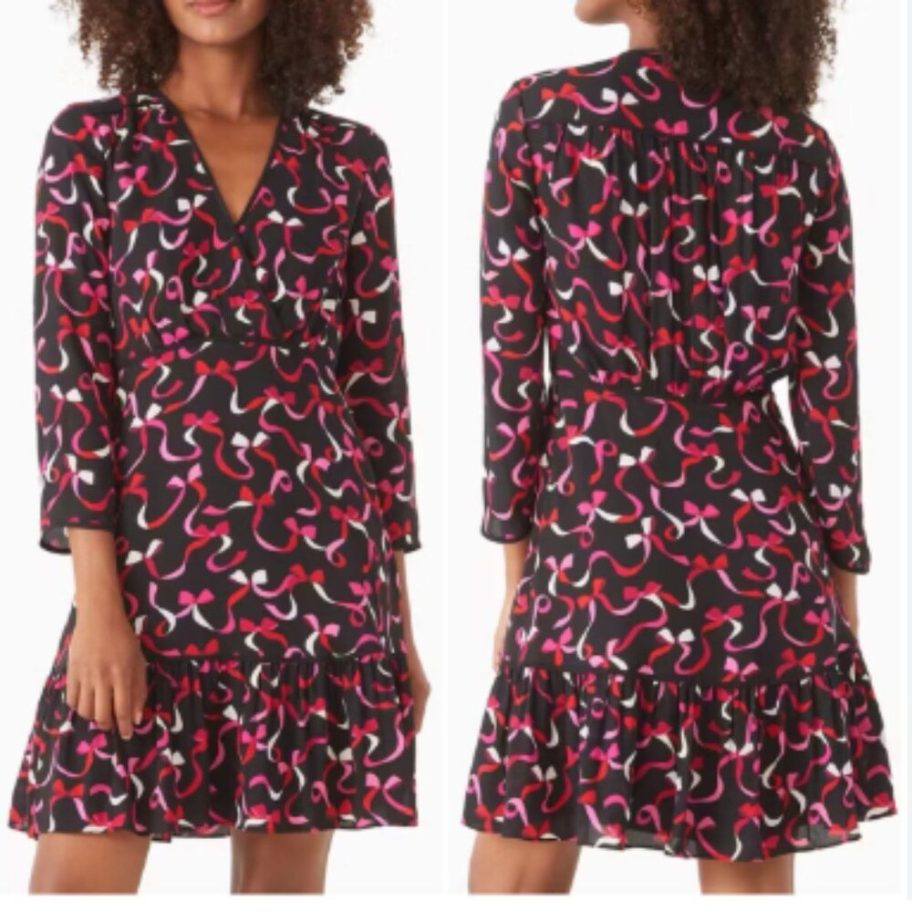 Kate Spade  Black & Pink Print Long Sleeve A-Line Dress (6)